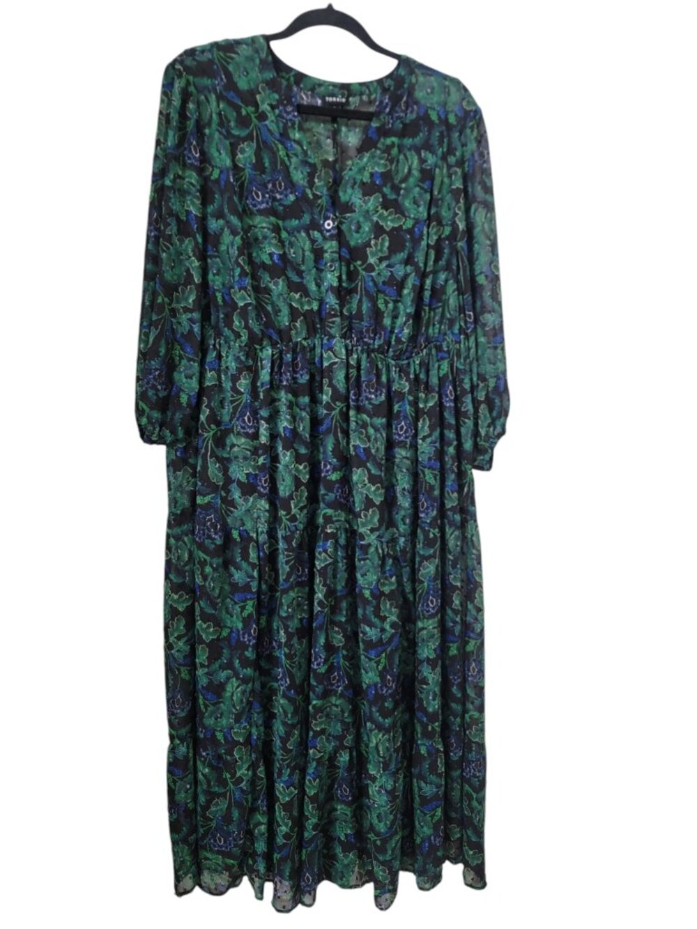 Torrid Size 2 (2X) Black with Green & Blue Floral Tiered Boho Maxi Dress